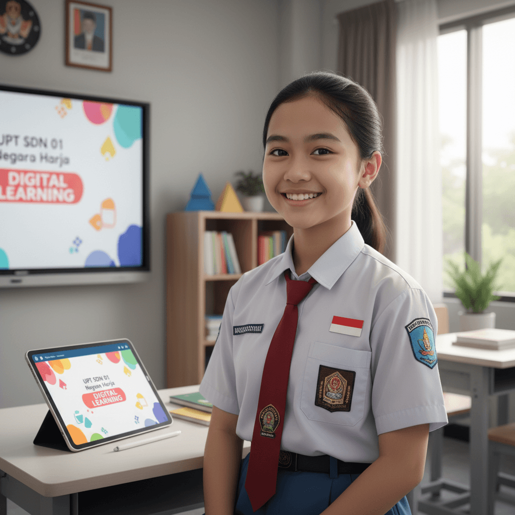Aulia Putri, smiling 4th-grade student in a modern Indonesian classroom at UPT SDN 01 Negara Harja.