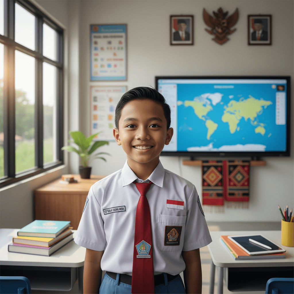 Siswa laki-laki Indonesia berseragam sekolah tersenyum di dalam ruang kelas dengan latar belakang peta dunia.