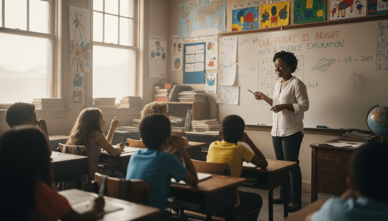 Guru dan murid berbincang di ruang kelas UPT SDN 01 Negara Harja