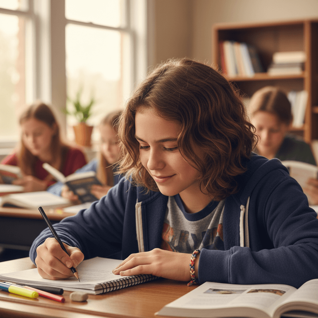 Dua siswa tersenyum sambil menunjukkan hasil karya bersama di kelas