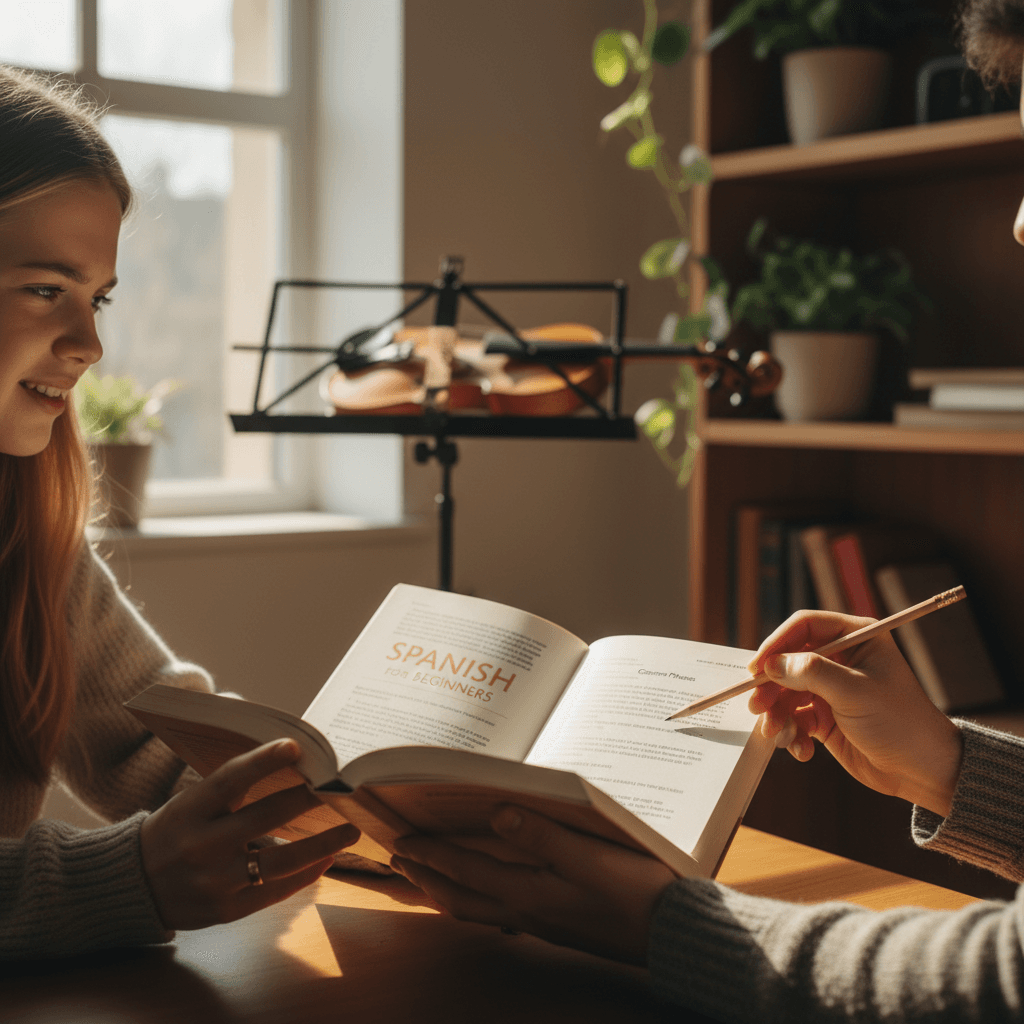 Seorang guru perempuan sedang membimbing seorang siswa di kelas dengan buku pelajaran berwarna