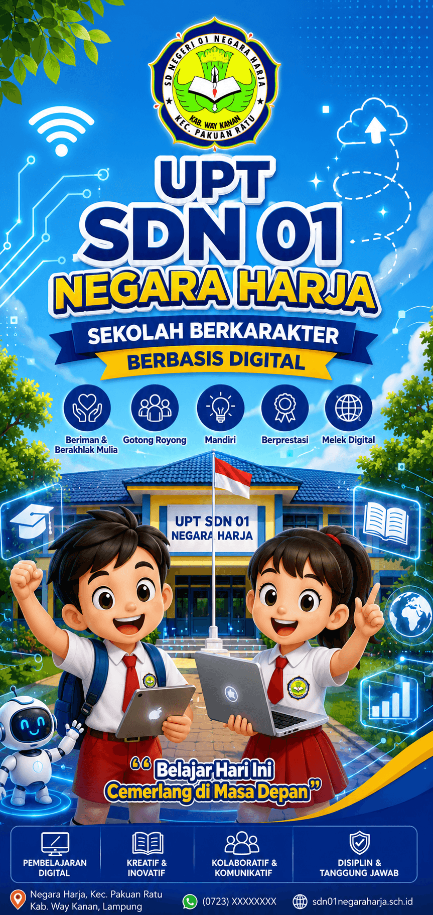 Poster UPT SDN 01 Negara Harja menampilkan dua siswa ceria dengan perangkat digital di sekolah.